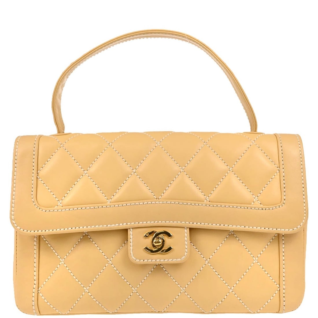 Chanel beige calfskin top handle bag Wild Stitch: Chanel beige calfskin top handle bag Wild Stitch This Chanel handbag features a beige calfskin exterior with distinctive wild stitch detailing, complemented by a top handle design. The medium-sized ba