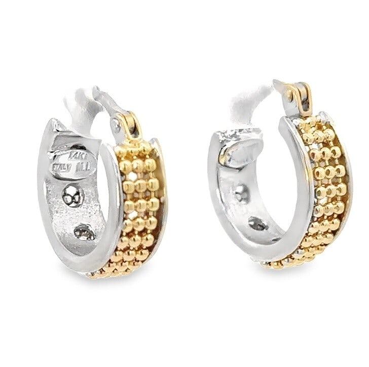 Elegant 14k Multi-Tone Gold Huggie Hoop Earrings: Elegant 14k Multi-Tone Gold Huggie Hoop Earrings Elevate your jewelry collection with these exquisite 14k White and Yellow Gold Huggie Hoop Earrings. Featuring a beautiful beaded center design, these 