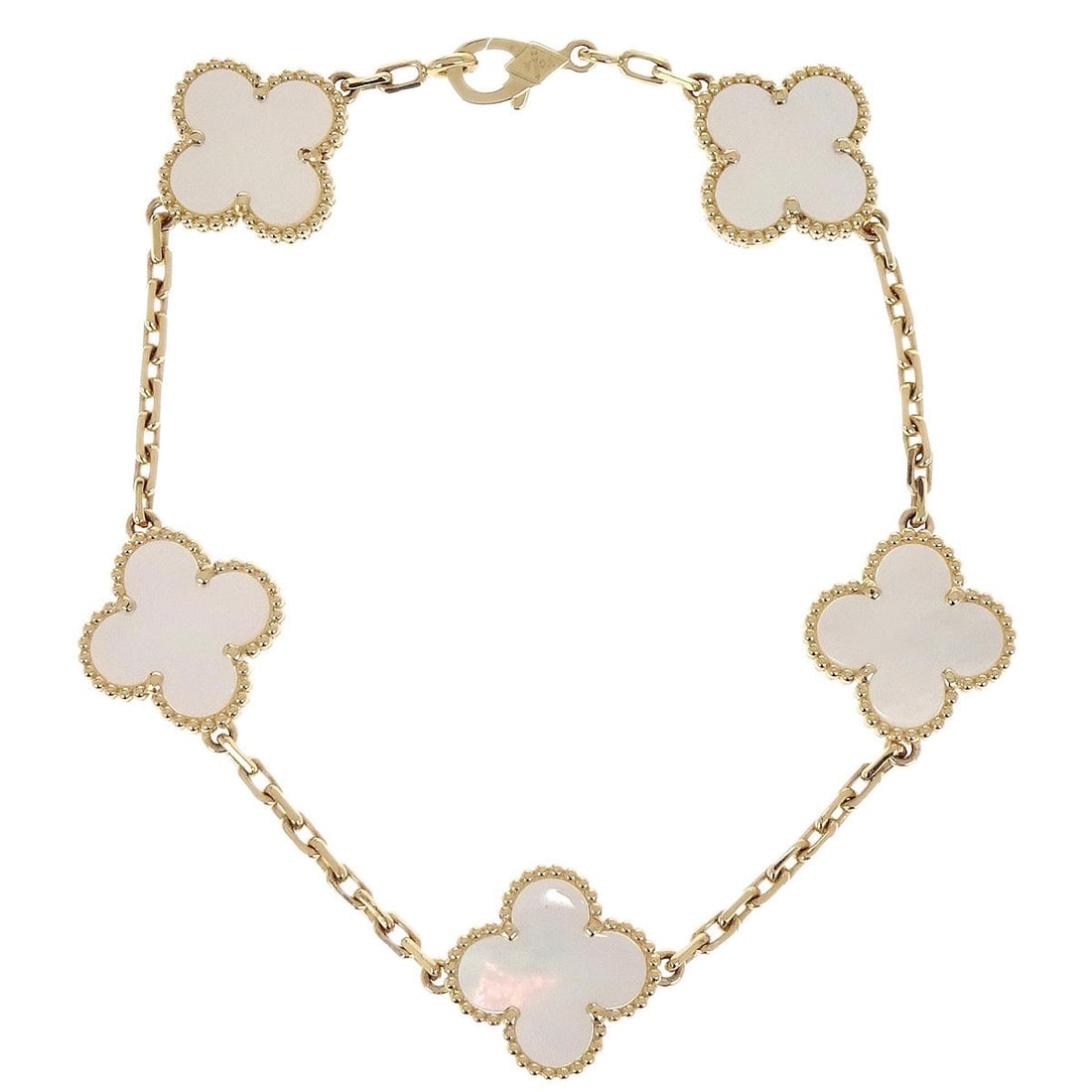 Van Cleef Alhambra Yellow Gold Chain Bracelet with Mother of Pearl: Van Cleef Alhambra Yellow Gold Chain Bracelet with Mother of Pearl This Van Cleef & Arpels Alhambra bracelet features a delicate chain design crafted from 18k yellow gold (Au750) and is adorned with m