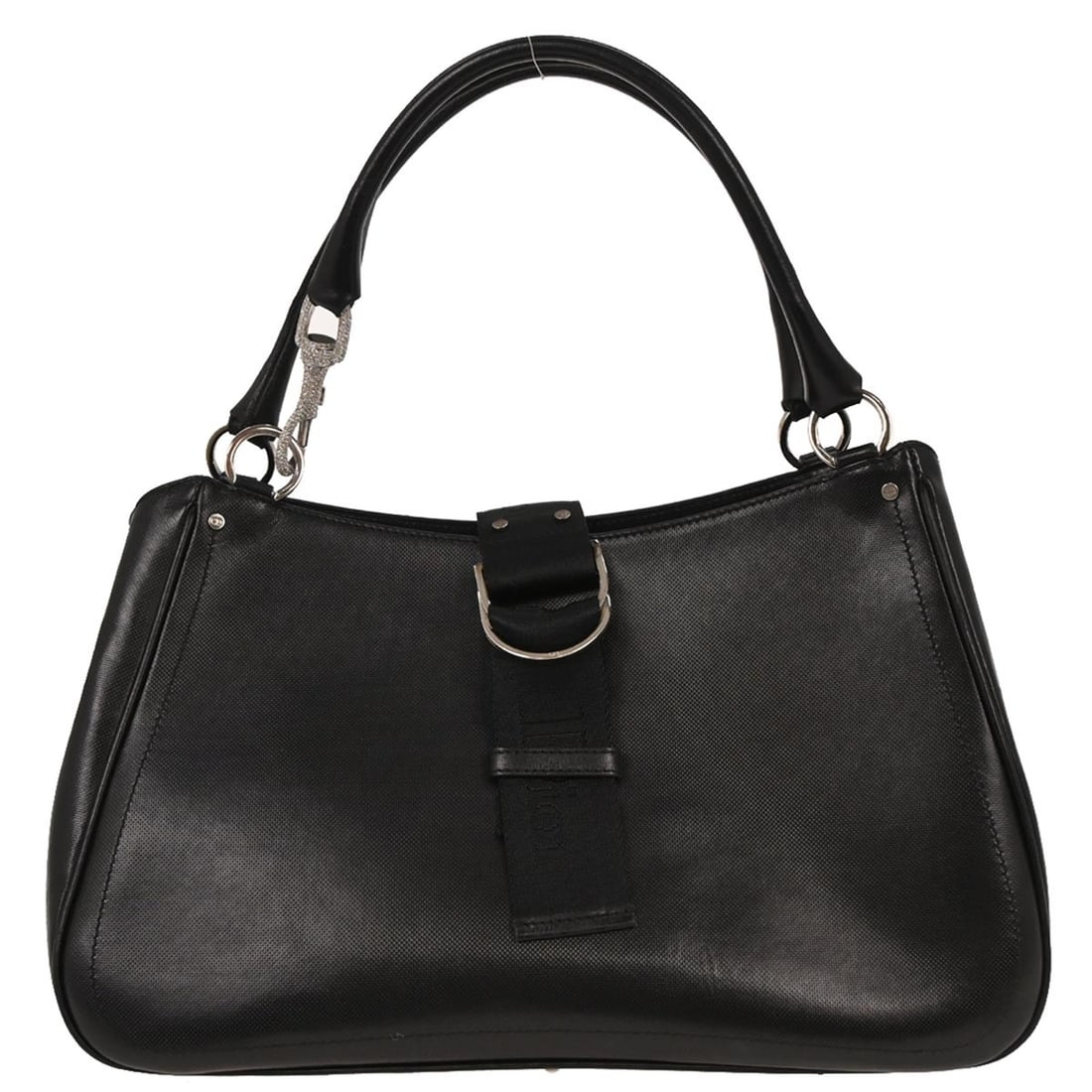 Dior black leather top handle bag with logo: Dior black leather top handle bag with logo This Christian Dior black leather handbag features a medium-sized silhouette with double handles and a 7-inch handle drop. It has an inner flap closure and 