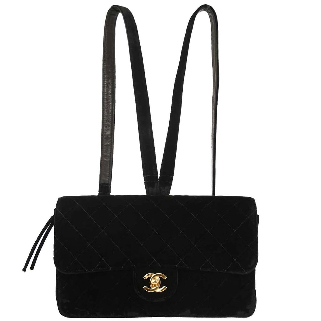 CHANEL Duma Black Velvet Turn Lock Backpack: CHANEL Duma Black Velvet Turn Lock Backpack This Chanel Duma backpack features a black velvet exterior with a classic turn lock closure. The compact, small-sized design is crafted for women and offers