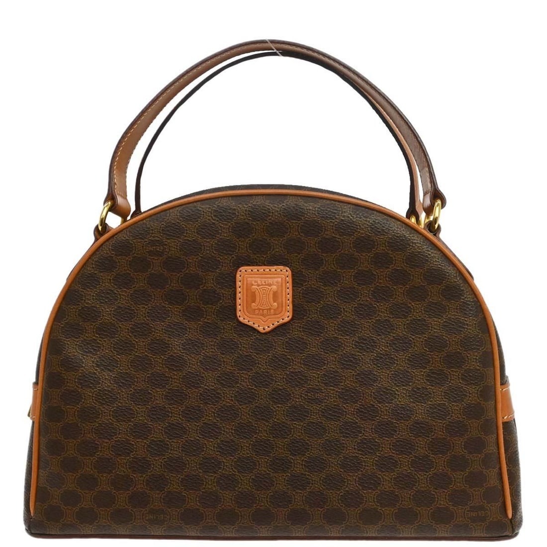 Celine Macadam Brown PVC Top Handle Bag: Celine Macadam Brown PVC Top Handle Bag This Celine Macadam handbag features a classic brown PVC exterior with leather accents and the iconic logo detailing. Designed with double handles, this medium-