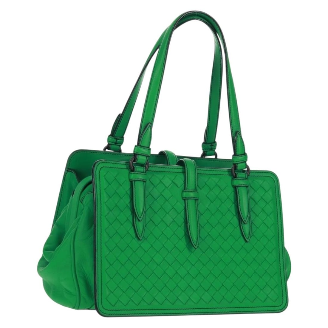 Green Leather Intrecciato Handbag by Bottega Veneta with Mirror Accessory: Green Leather Intrecciato Handbag by Bottega Veneta with Mirror Accessory This Bottega Veneta Intrecciato hand bag features green leather with the brand's signature woven design. Made in Italy, the ba