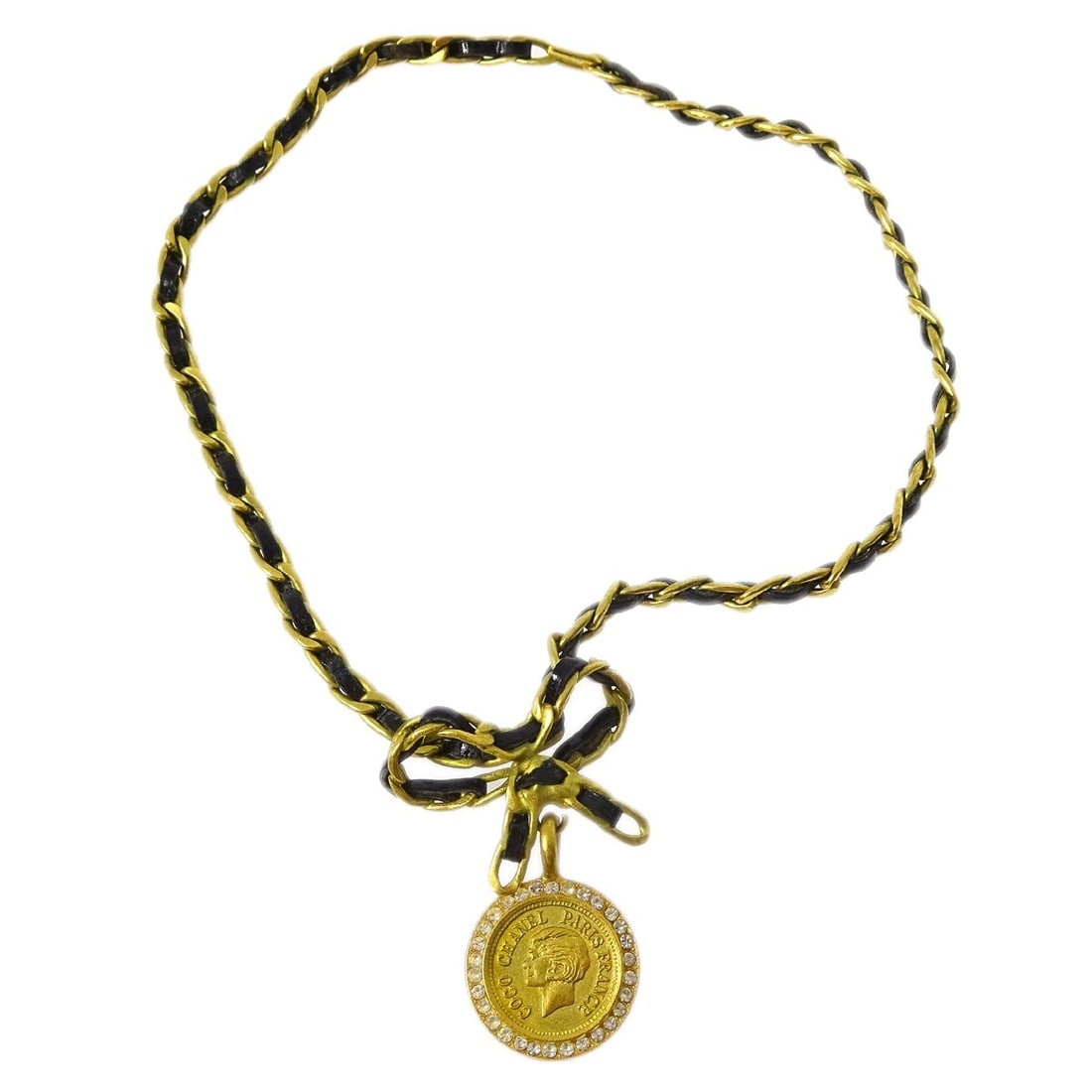 Chanel 95P Gold Black Bow Rhinestone Pendant Necklace (1 of 4)