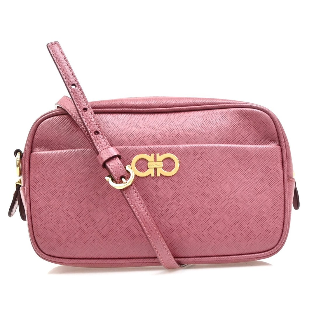 Pink Leather Gancini Shoulder Bag by Salvatore Ferragamo: Pink Leather Gancini Shoulder Bag by Salvatore Ferragamo This Salvatore Ferragamo Gancini shoulder bag is crafted from pink leather, designed for women. It features a compact size suitable for daily u