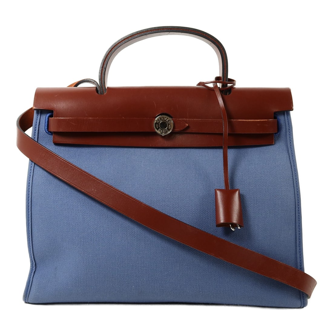 Hermes Herbag PM Blue Agate Canvas Shoulder Bag: Hermes Herbag PM Blue Agate Canvas Shoulder Bag This Hermes Herbag PM 2Way shoulder bag features a versatile design that allows it to be carried by hand or worn over the shoulder. Crafted from durable