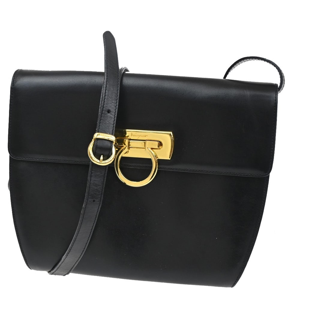 Black Leather Gancini Shoulder Bag by Salvatore Ferragamo: Black Leather Gancini Shoulder Bag by Salvatore Ferragamo This Salvatore Ferragamo Gancini shoulder bag is crafted from black leather and designed for women. It features a shoulder strap with addition