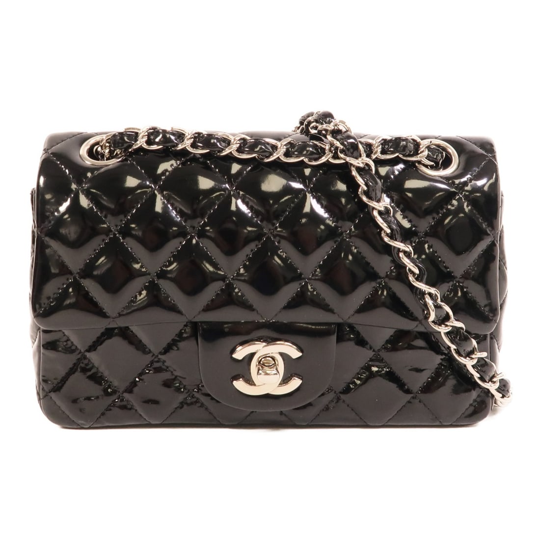 CHANEL Mini Classic CC Black Patent Leather Shoulder Bag: CHANEL Mini Classic CC Black Patent Leather Shoulder Bag This CHANEL Mini Classic 20 shoulder bag features black patent leather with a sleek and timeless design. The bag is crafted for women and offer