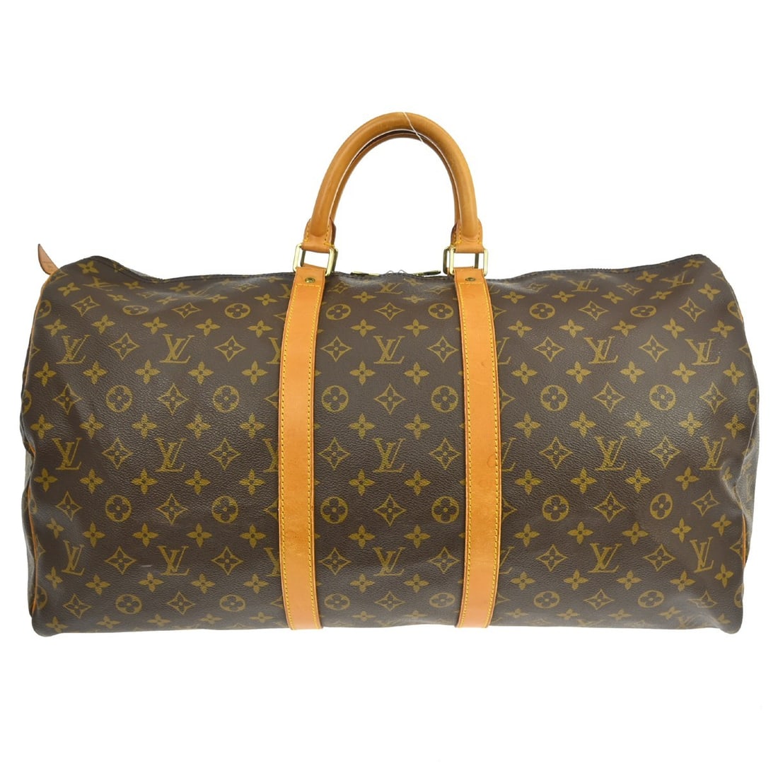 Louis Vuitton Keepall Monogram Canvas Travel Bag 55cm: Louis Vuitton Keepall Monogram Canvas Travel Bag 55cm This Louis Vuitton Keepall Bag features the iconic monogram canvas in brown and is designed for unisex use. The bag shows visible signs of wear, i