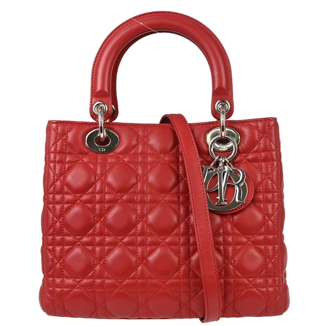 Dior Lady Dior red lambskin quilted satchel handbag: Dior Lady Dior red lambskin quilted satchel handbag This Christian Dior Lady Dior handbag features luxurious red lambskin leather with the signature Dior Cannage quilted pattern. Designed with both do