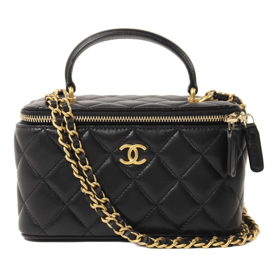 CHANEL AP2199 Lambskin Vanity Chain Shoulder Bag Black GHW: CHANEL AP2199 Lambskin Vanity Chain Shoulder Bag Black GHW This CHANEL CC vanity case features a sophisticated top handle and a chain shoulder strap, offering versatile carrying options. Crafted from 