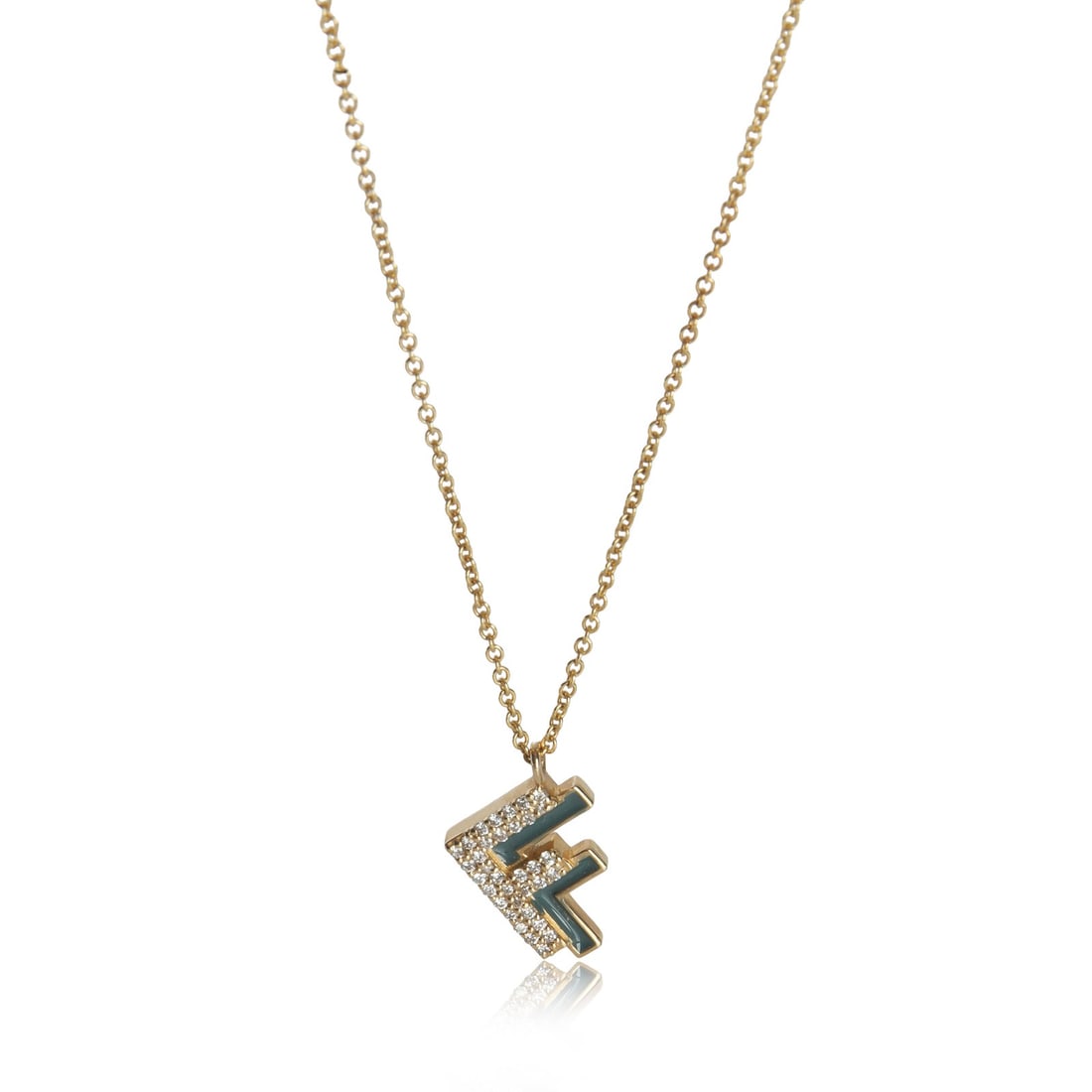 Green Enamel and Diamond F Alphabet Pendant in 14K Yellow Gold: Green Enamel and Diamond F Alphabet Pendant in 14K Yellow Gold This women's pendant features a round brilliant design crafted from 14K yellow gold, showcasing a green enamel initial 'F' accented with 