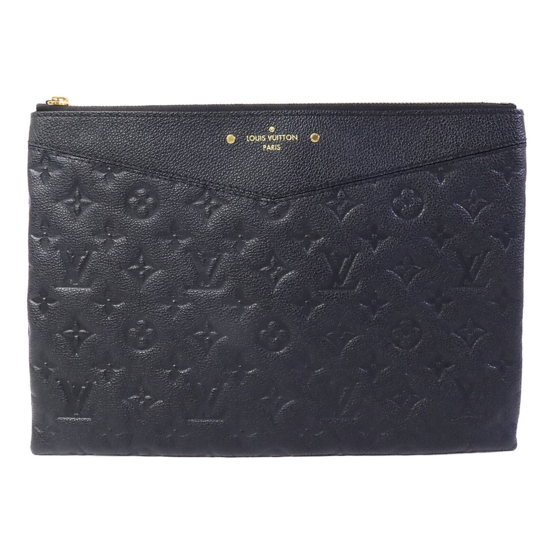 Louis Vuitton Daily Pouch Monogram Empreinte Black Calfskin Clutch: Louis Vuitton Daily Pouch Monogram Empreinte Black Calfskin Clutch This Louis Vuitton Daily Pouch Clutch Bag features the iconic Monogram Empreinte design in black calfskin leather. The pouch is accen