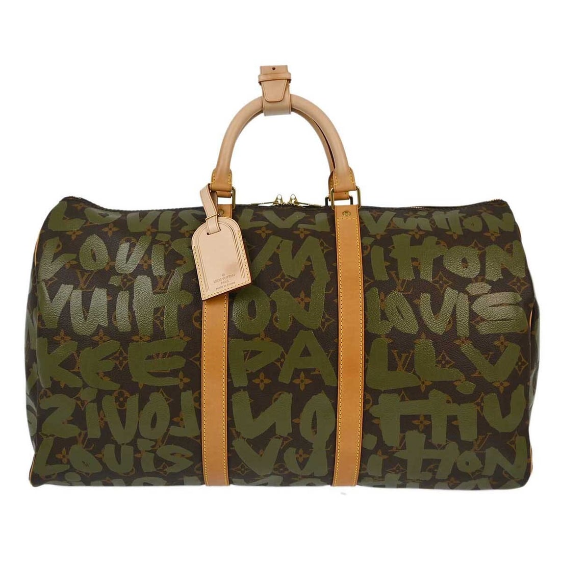 Louis Vuitton Keepall 50 Khaki Monogram Graffiti Duffle Bag: Louis Vuitton Keepall 50 Khaki Monogram Graffiti Duffle Bag This Louis Vuitton Keepall 50 duffle bag features the distinctive Khaki Monogram Graffiti canvas with leather accents. Designed for travel, 