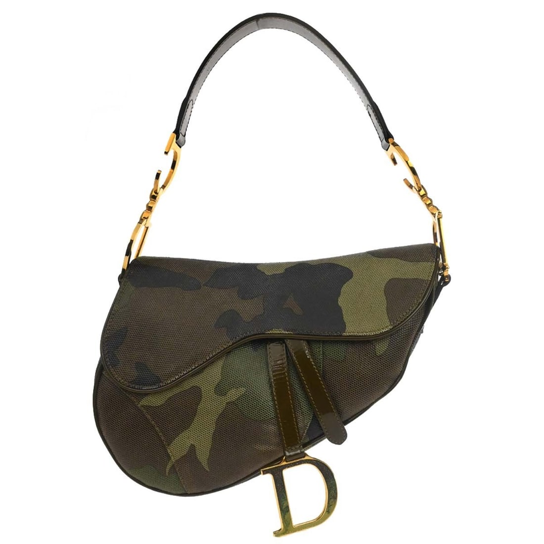 Dior Saddle Canvas Leather Shoulder Bag Green Camouflage Medium: Dior Saddle Canvas Leather Shoulder Bag Green Camouflage Medium This Christian Dior Green Camouflage Saddle Handbag features a distinctive saddle bag design crafted in a combination of canvas and leat