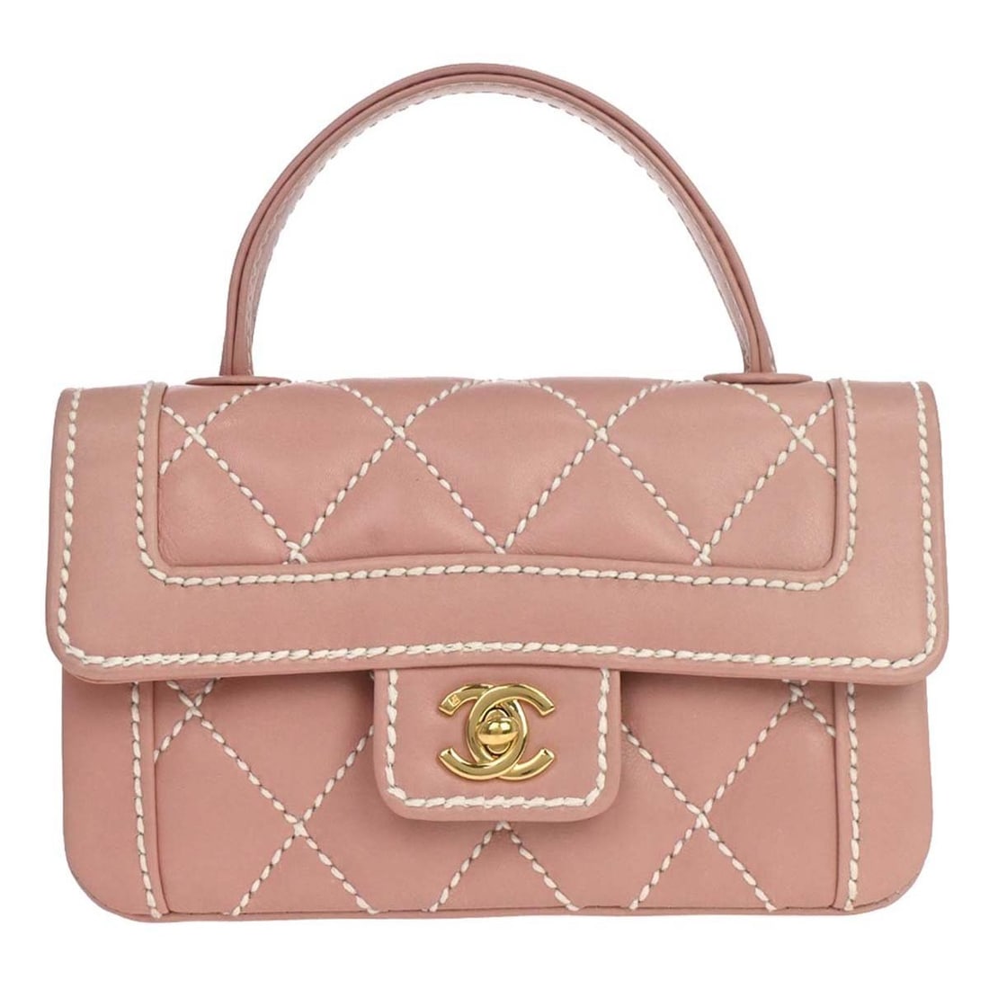 CHANEL Pink Calfskin Top Handle Bag Wild Stitch: CHANEL Pink Calfskin Top Handle Bag Wild Stitch This Chanel handbag features a pink calfskin leather exterior with distinctive wild stitch detailing. Designed in a small size, it offers a top handle f