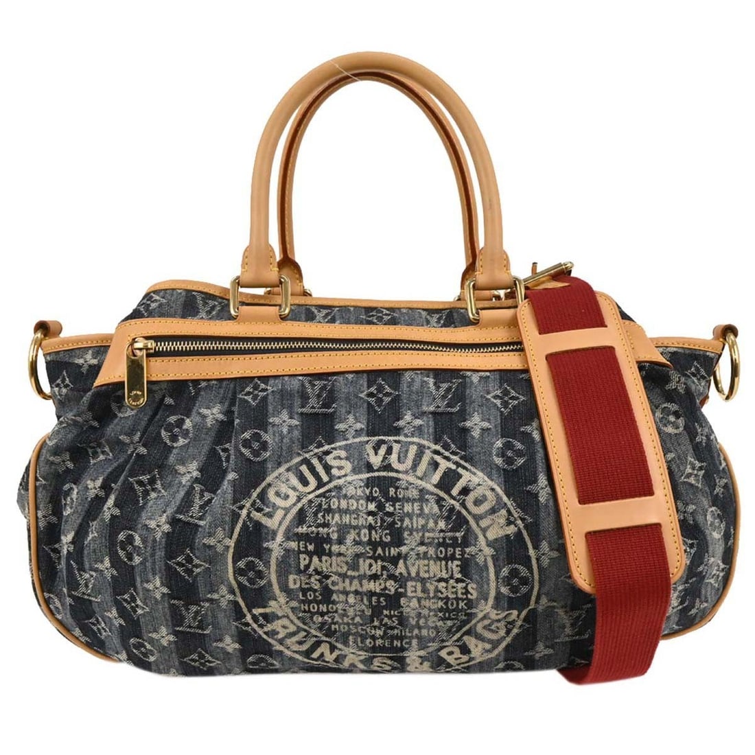 Louis Vuitton Cabas Raye GM Blue Monogram Denim Tote 2way: Louis Vuitton Cabas Raye GM Blue Monogram Denim Tote 2way This Louis Vuitton Cabas Raye GM tote features the iconic blue monogram denim exterior, accented with beige double handles and gold-tone hardw