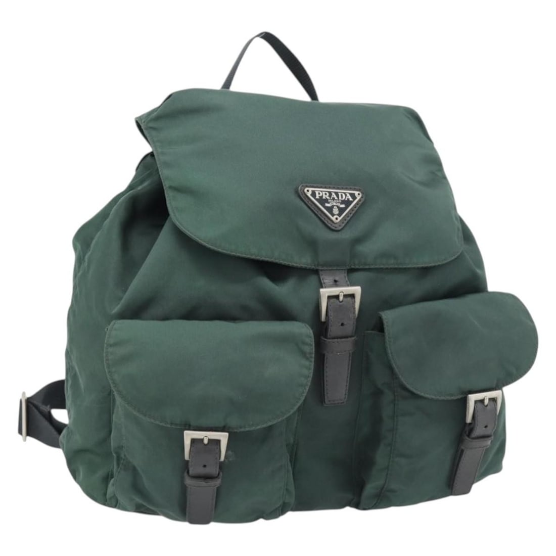 Prada Tessuto green nylon backpack with front pockets: Prada Tessuto green nylon backpack with front pockets This Prada Double Front Pocket Backpack is crafted from durable green nylon and features a practical design with multiple compartments. Made in It