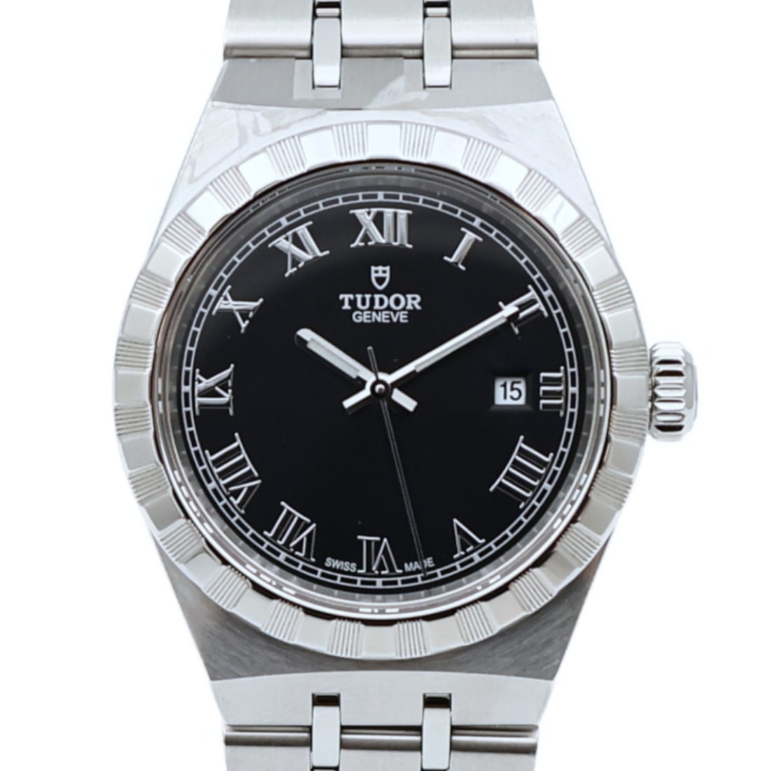 TUDOR Royal Black Dial Automatic Stainless Steel Women's Wristwatch 28300: TUDOR Royal Black Dial Automatic Stainless Steel Women's Wristwatch 28300 This TUDOR Royal automatic wristwatch features a sleek stainless steel construction with a striking black dial and matching bl