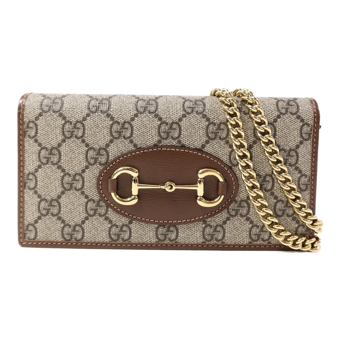 Gucci Horsebit 1955 Brown Coated Canvas Wallet Chain Bag: Gucci Horsebit 1955 Brown Coated Canvas Wallet Chain Bag This Gucci Horsebit 1955 shoulder bag features the iconic GG motif on durable brown PVC coated canvas. Accented with gold-tone hardware, the ba
