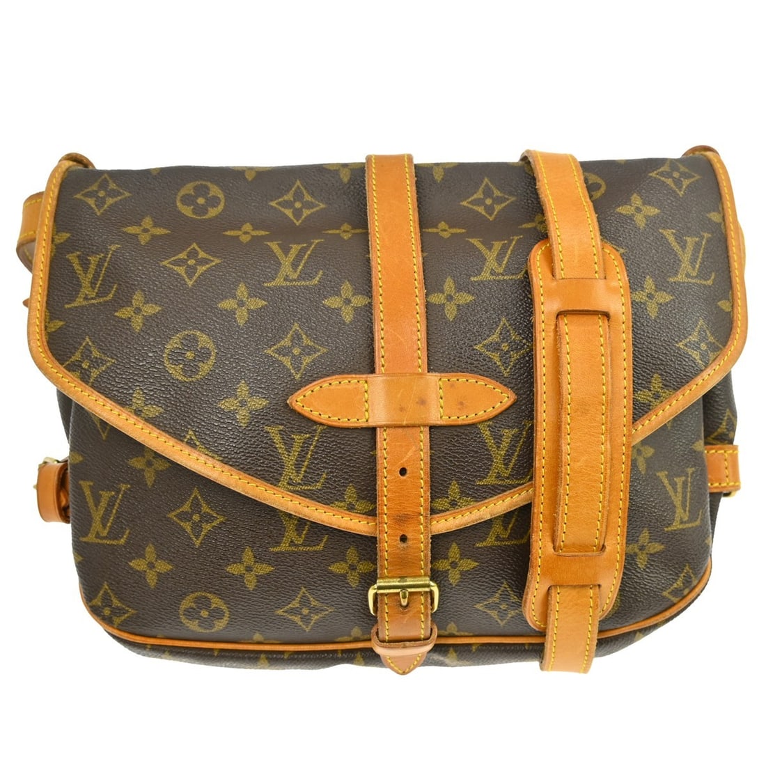 Louis Vuitton Monogram Canvas Saumur Handbag: Louis Vuitton Monogram Canvas Saumur Handbag This Louis Vuitton Saumur Handbag features the iconic monogram canvas in brown, designed for unisex use. The bag shows visible signs of wear, including scu