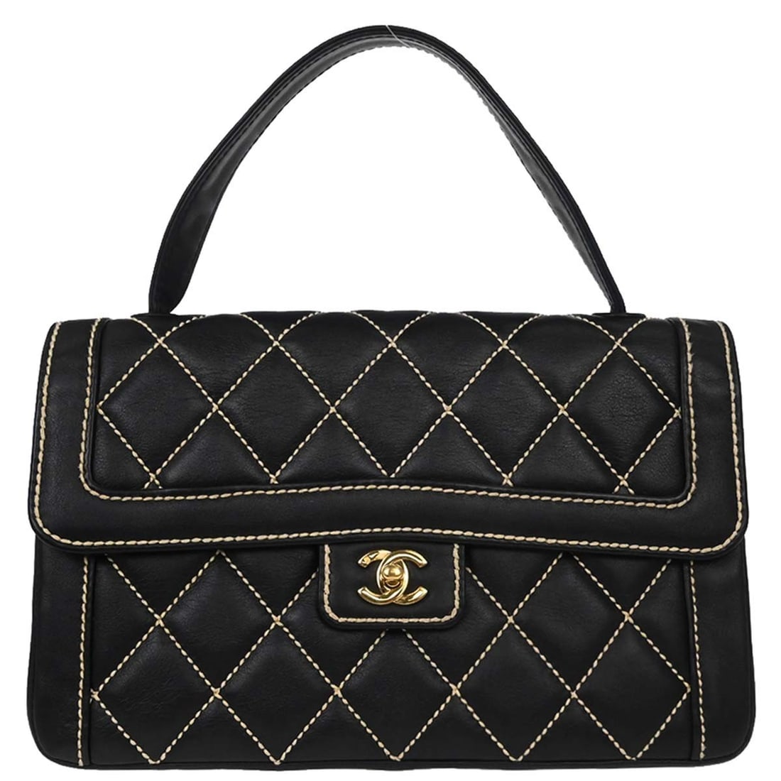 Black Calfskin Wild Stitch Medium Handbag by Chanel: Black Calfskin Wild Stitch Medium Handbag by Chanel This Chanel Wild Stitch handbag is crafted from black calfskin leather and features a classic turn lock closure and a prominent logo accent. Designe