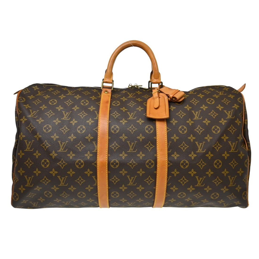 Louis Vuitton Monogram Canvas Keepall Travel Bag 55cm x 30cm x 25cm: Louis Vuitton Monogram Canvas Keepall Travel Bag 55cm x 30cm x 25cm This Louis Vuitton Keepall Bag features the iconic monogram canvas in brown, designed for unisex use. The bag shows visible wear, in