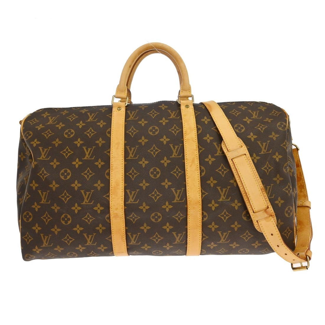 Louis Vuitton Monogram Keepall 50 Bandouliere Brown Canvas Bag: Louis Vuitton Monogram Keepall 50 Bandouliere Brown Canvas Bag This Louis Vuitton Keepall 50 Bandouliere handbag features the iconic monogram canvas exterior with beige leather double handles and a zi