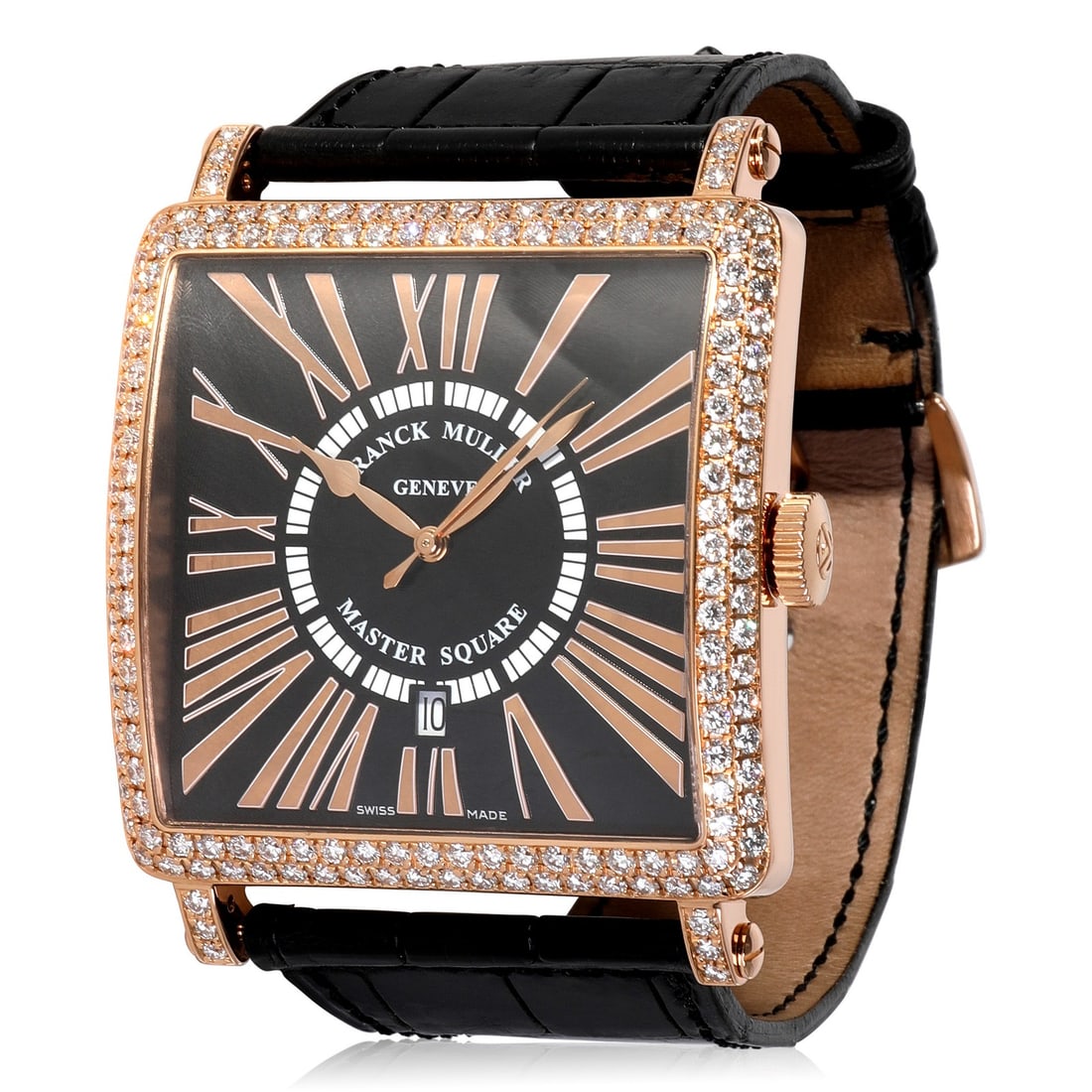 Master Square 6000K SC DT D Rose Gold Diamond Bezel Men's Wristwatch: Master Square 6000K SC DT D Rose Gold Diamond Bezel Men's Wristwatch This Franck Muller Master Square 6000K SC DT D men's wristwatch features a striking square case crafted from 18K rose gold, enhance