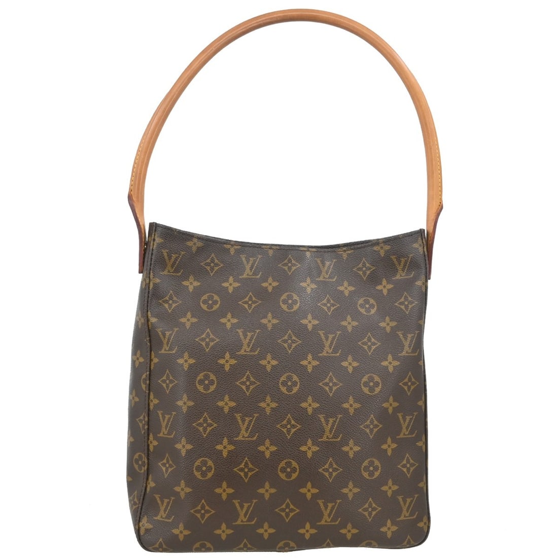 Louis Vuitton Looping GM Monogram Shoulder Bag M51145: Louis Vuitton Looping GM Monogram Shoulder Bag M51145 This Louis Vuitton Looping GM shoulder bag features the iconic monogram pattern on brown leather, accented with beige leather handles and a beige 