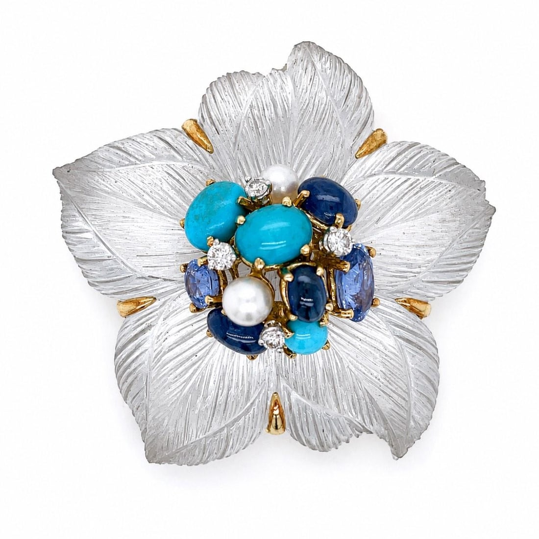 Seaman Schepps 18K Yellow Gold Floral Diamond Sapphire Pin: Seaman Schepps 18K Yellow Gold Floral Diamond Sapphire Pin This Seaman Schepps brooch is crafted from 18K yellow gold in a flower motif. The piece features four diamonds with a total approximate weigh