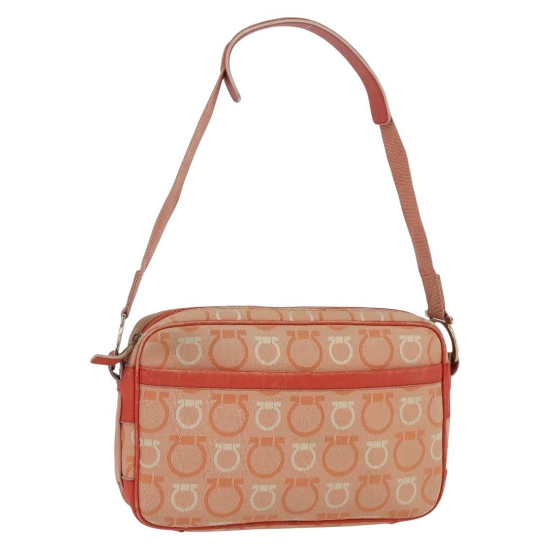 Gancini Orange Canvas Shoulder Bag by Salvatore Ferragamo: Gancini Orange Canvas Shoulder Bag by Salvatore Ferragamo This Salvatore Ferragamo Gancini shoulder bag features a vibrant orange canvas exterior with leather accents. Designed for women, the bag is m