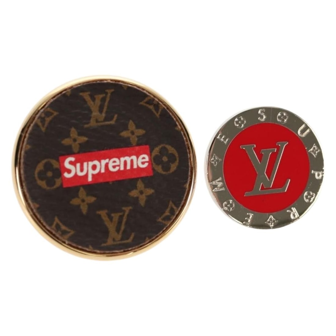 Louis Vuitton Supreme Red Monogram Canvas Brooch Pin Set: Louis Vuitton Supreme Red Monogram Canvas Brooch Pin Set This is a set of two Louis Vuitton LVxSupreme brooch pins crafted from the brand's signature Monogram Canvas in red. Designed for women, these 