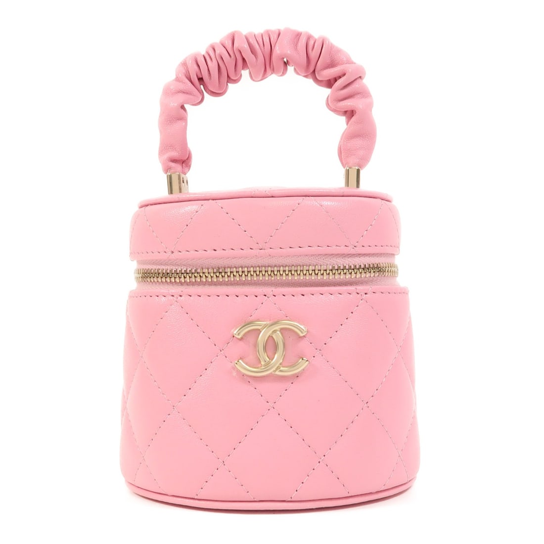 Chanel Pink Lambskin Leather Handbag with Gold Hardware: Chanel Pink Lambskin Leather Handbag with Gold Hardware This Chanel handbag is crafted from lambskin leather in a pink hue, featuring a regular size and a structured silhouette. Made in France, it off