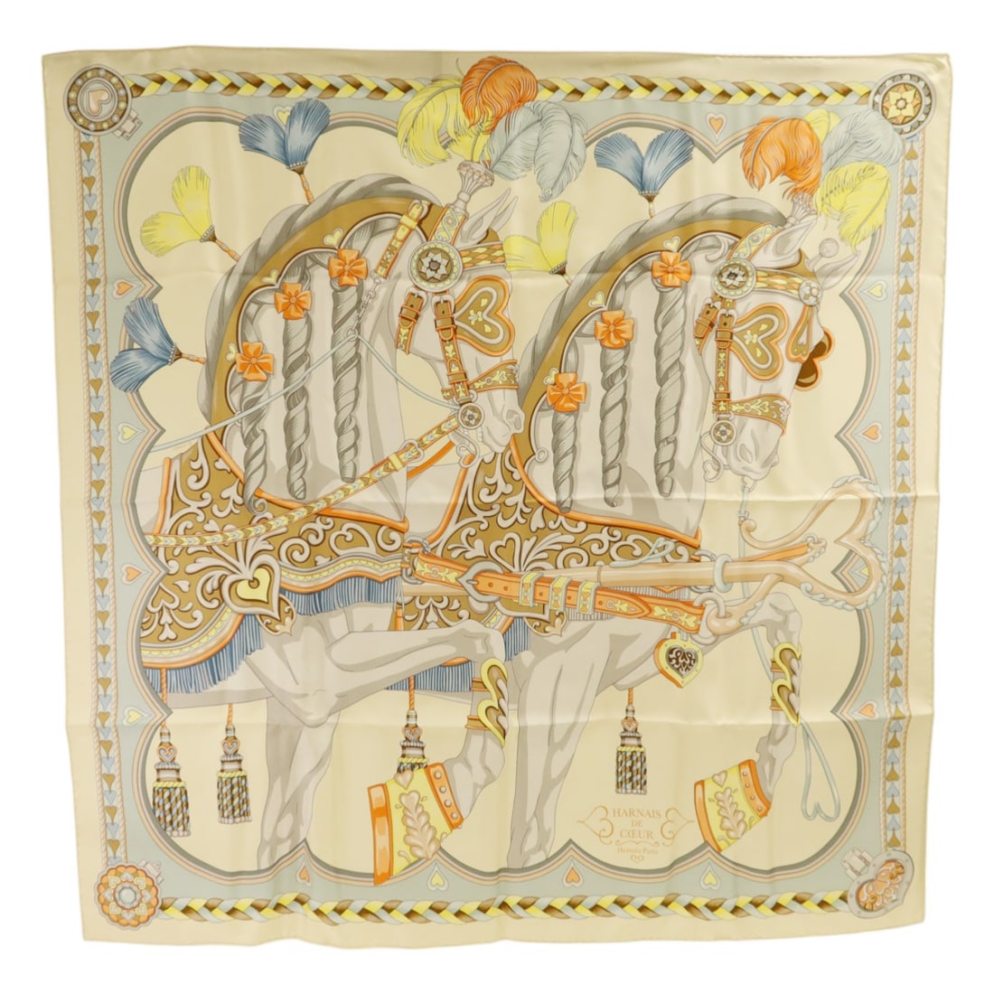 Hermes Silk 90x90 Women Beige Multicolor Scarf: Hermes Silk 90x90 Women Beige Multicolor Scarf This Hermes scarf features a beautiful blend of beige, light blue, pink, and multicolor tones, crafted from luxurious silk. Made in France, it is designe