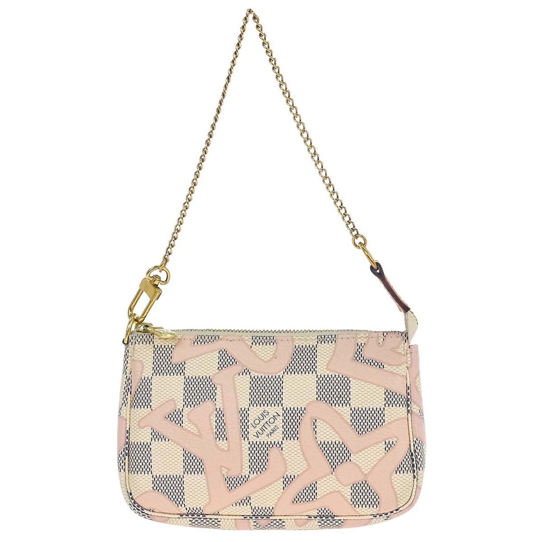 Louis Vuitton Mini Pochette Accessoires Damier Azur Chain Strap: Louis Vuitton Mini Pochette Accessoires Damier Azur Chain Strap This Louis Vuitton Damier Azur Tahiti Mini Pochette Accessoires features the iconic Damier Azur pattern with logo accents. Crafted from 