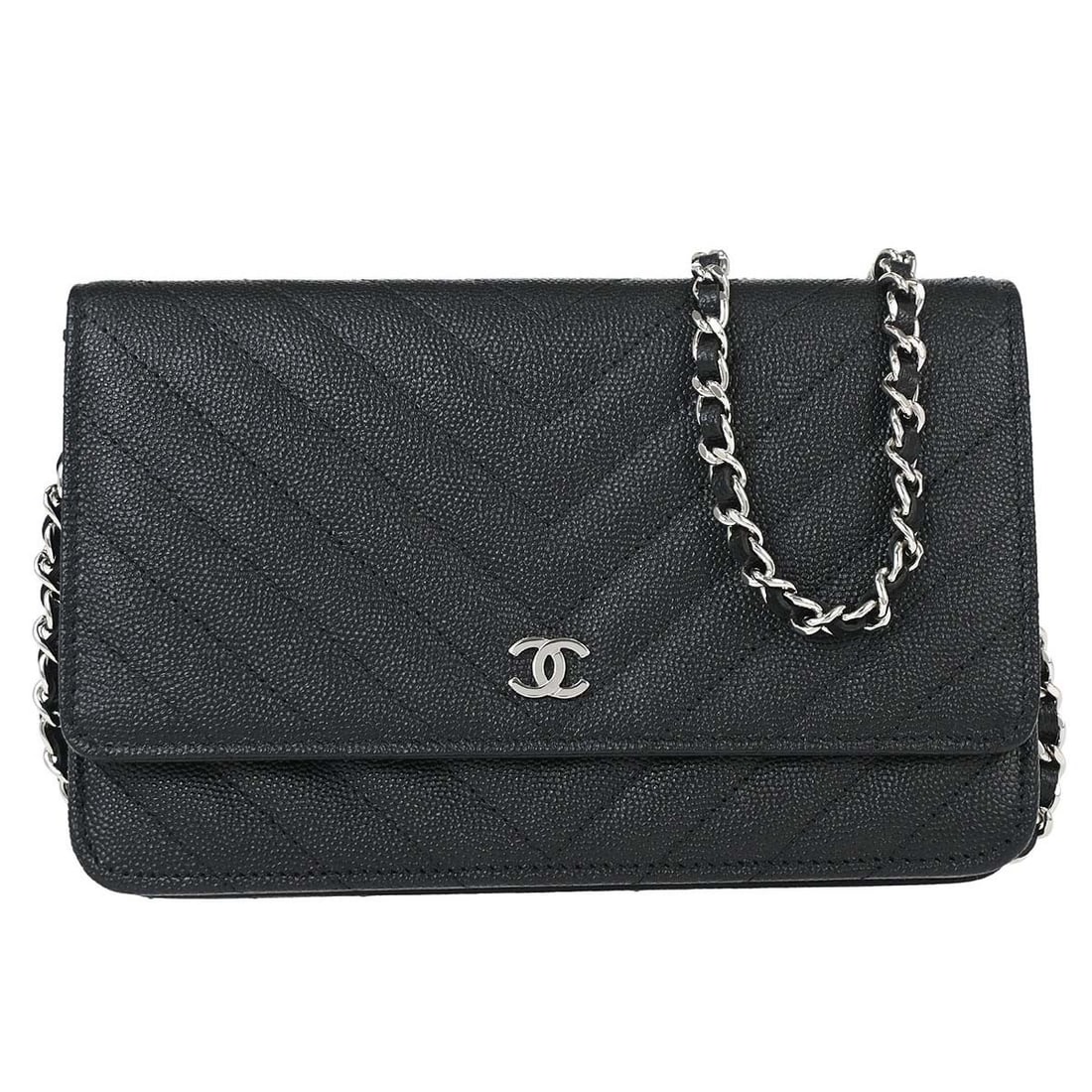 CHANEL black calfskin folding wallet on chain: CHANEL black calfskin folding wallet on chain This Chanel Classic Wallet on Chain (WOC) is crafted from black calfskin leather and designed for women. The wallet features a folding style and offers a 