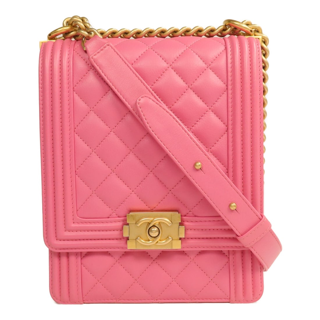 Chanel Boy North South Pink Lambskin Chain Shoulder Bag with CC Gold Hardware: Chanel Boy North South Pink Lambskin Chain Shoulder Bag with CC Gold Hardware This CHANEL CC North South Boy Chain shoulder bag is crafted from pink lambskin leather, featuring a classic design with a