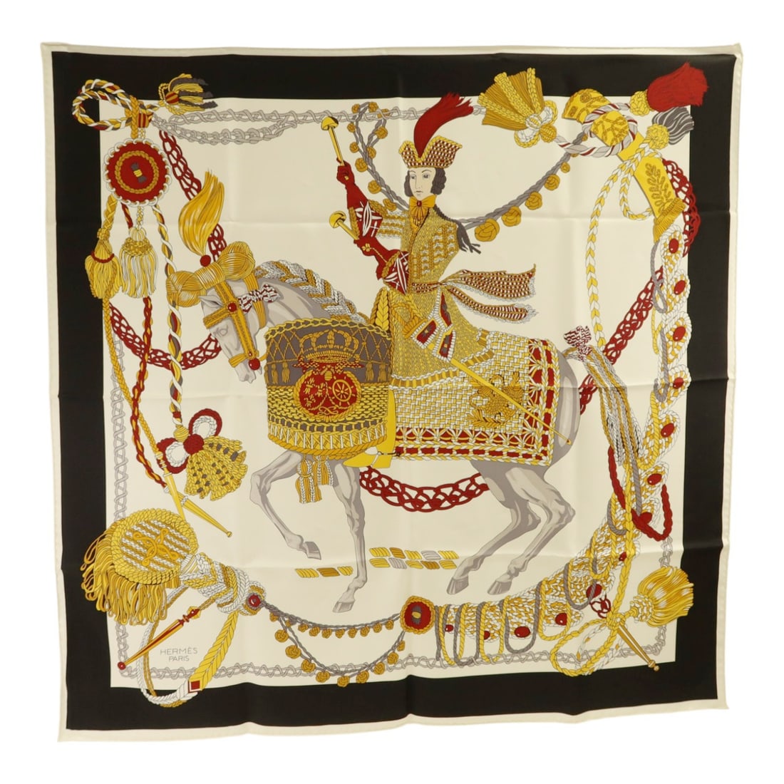 Hermes Silk Scarf 90x90 Multicolor Gold White Black France: Hermes Silk Scarf 90x90 Multicolor Gold White Black France This Hermes scarf features a luxurious silk construction in a vibrant multicolor design with prominent white, gold, and black accents. Design