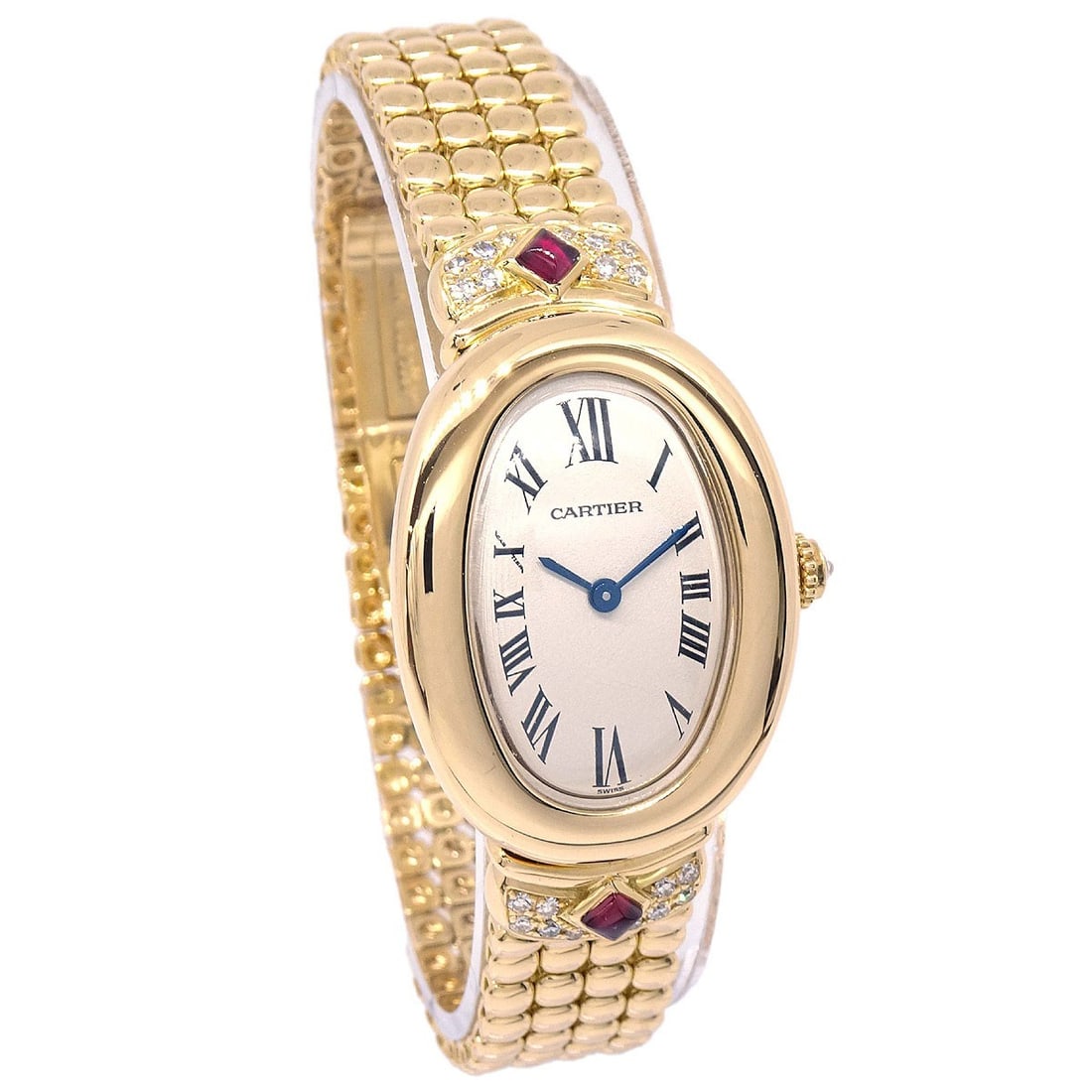Cartier Baignoire 18K Yellow Gold Quartz Diamond Ruby Ladies Watch: Cartier Baignoire 18K Yellow Gold Quartz Diamond Ruby Ladies Watch This Cartier Baignoire Ref. 8057912 is a classic luxury women's wristwatch featuring an 18K yellow gold case and band. The watch is p