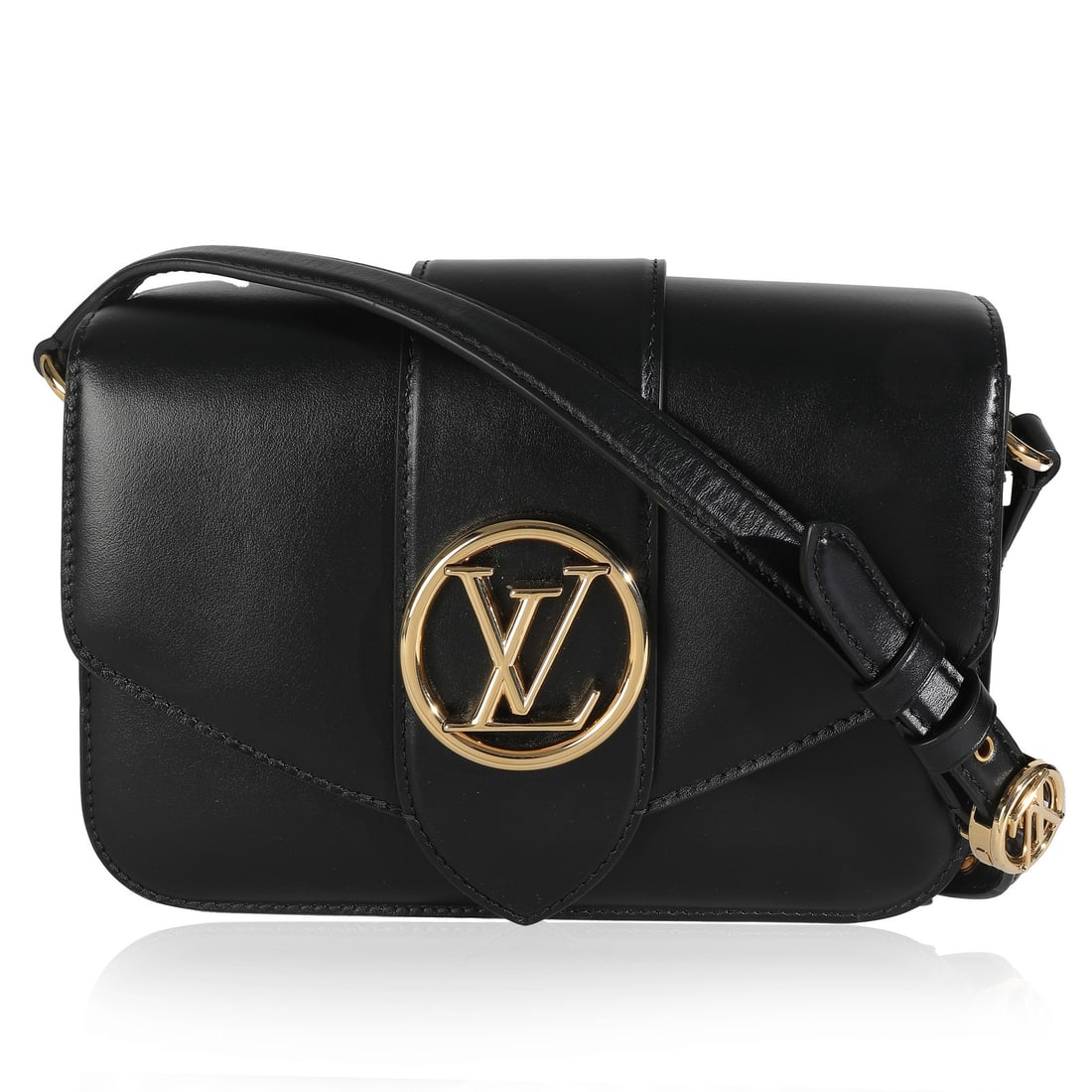 Black Calfskin LV Pont 9 Shoulder Bag with Dustbag by Louis Vuitton: Black Calfskin LV Pont 9 Shoulder Bag with Dustbag by Louis Vuitton This Louis Vuitton LV Pont 9 shoulder bag is crafted from black smooth calfskin leather with a leather lining. It features a magneti