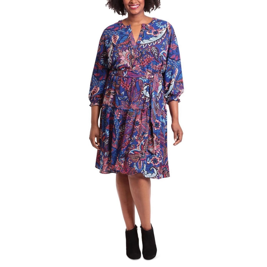 London Times Plus Floral Printed Split Neck MIDI Dress 22W Royal Blue (1 of 2)