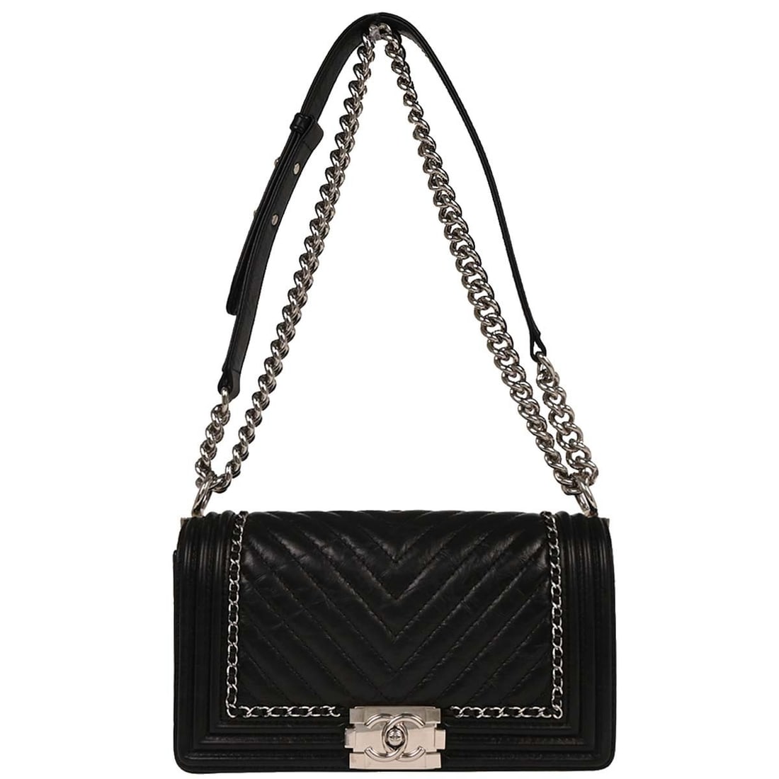 CHANEL Boy Black Chevron Calfskin Medium Shoulder Bag: CHANEL Boy Black Chevron Calfskin Medium Shoulder Bag This Chanel Boy Medium Shoulder Bag features a black chevron-quilted calfskin leather exterior with a square shape. It is accented by silver-tone 