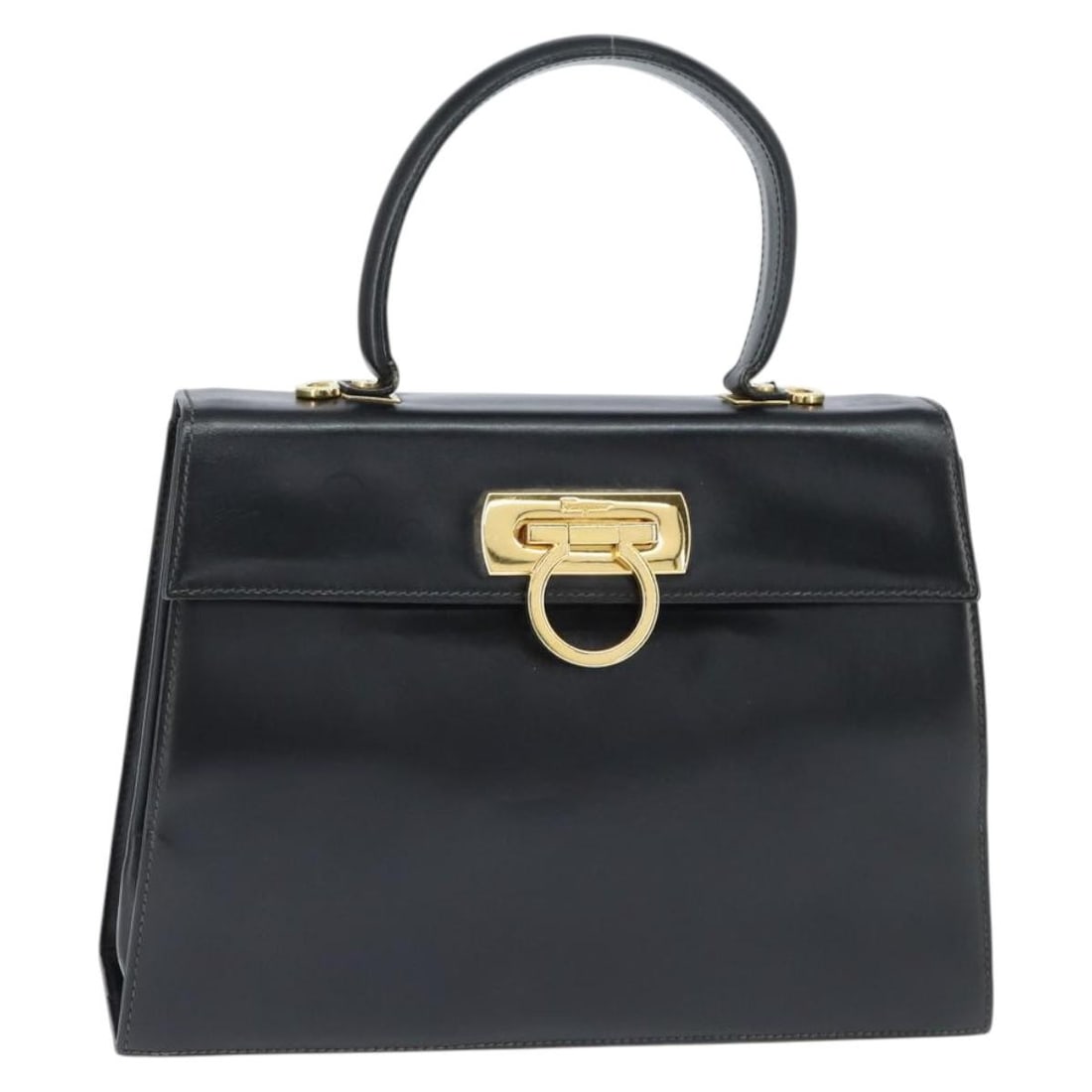 Gancini Leather Convertible Handbag by Salvatore Ferragamo: Gancini Leather Convertible Handbag by Salvatore Ferragamo This pre-owned Salvatore Ferragamo Gancini convertible top handle bag is crafted from black leather and designed for women. It features a str