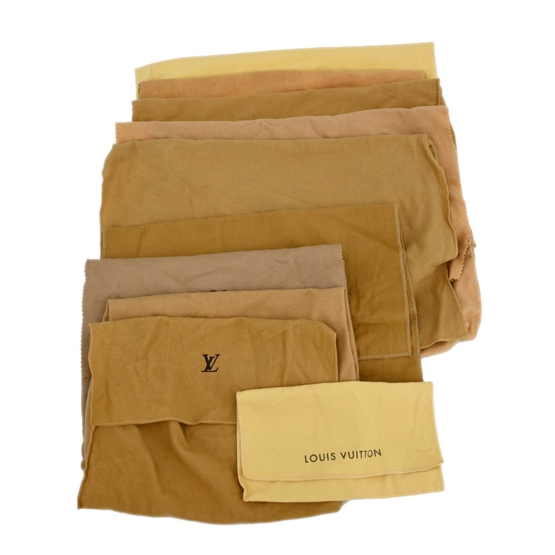 Set of 10 Louis Vuitton Brown Cotton Dust Bags Authentic: Set of 10 Louis Vuitton Brown Cotton Dust Bags Authentic This is a set of ten authentic Louis Vuitton dust bags, crafted from 100% cotton in brown and beige tones. Designed for unisex use, these dust 