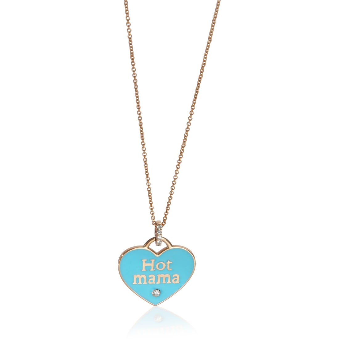 14K Rose Gold Light Blue Enamel Diamond Hot Mama Pendant: 14K Rose Gold Light Blue Enamel Diamond Hot Mama Pendant This exquisite Rose Gold Light Blue Enamel Hot Mama Pendant is a stunning addition to any jewelry collection. Crafted in 14K rose gold, this ro