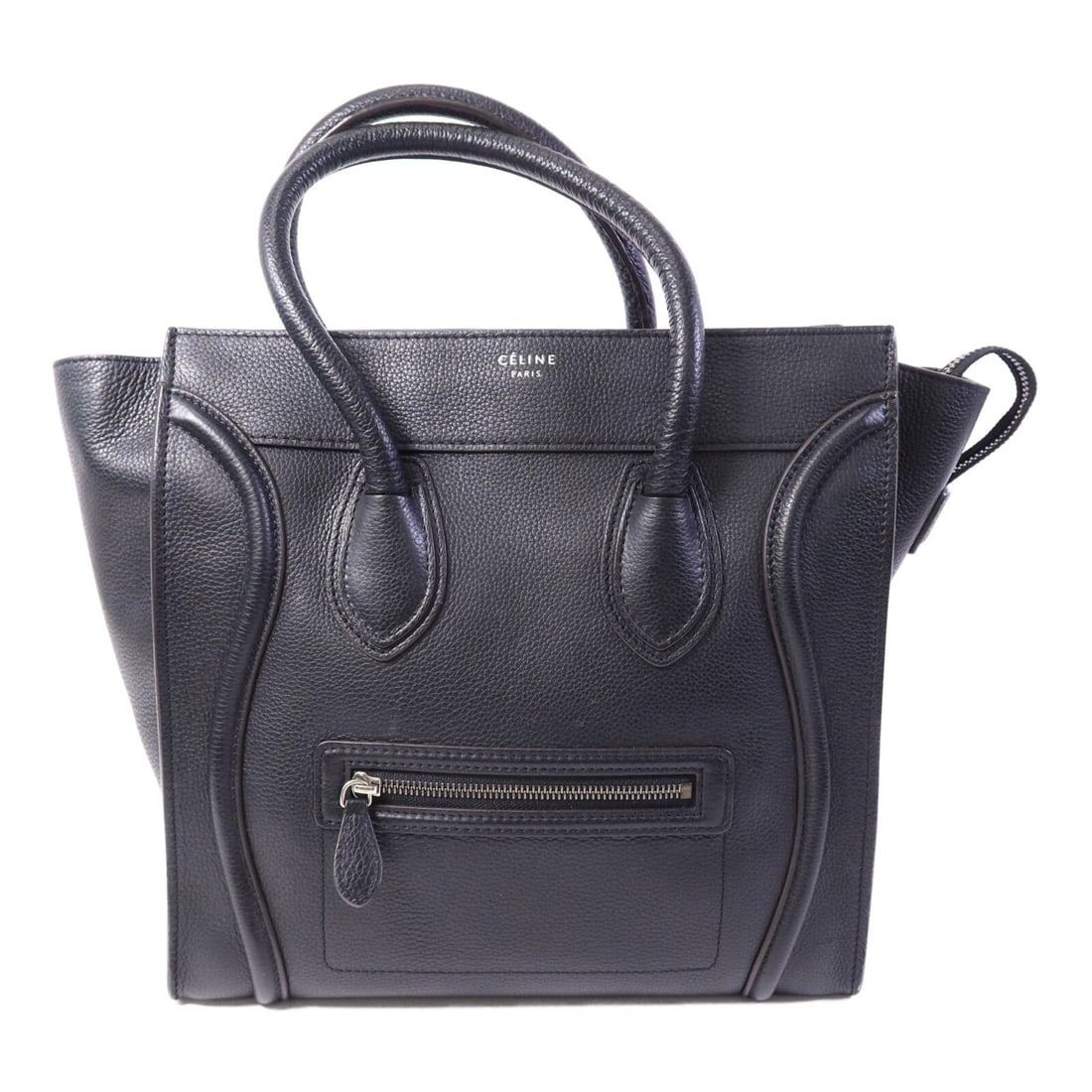CELINE Mini Luggage Black Calfskin Handbag: CELINE Mini Luggage Black Calfskin Handbag This CELINE Mini Luggage handbag features a sophisticated black calfskin leather exterior, offering a classic and timeless look. Crafted in France, the bag i