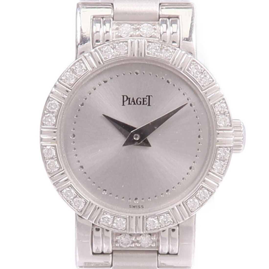 Piaget Dancer Quartz 18K White Gold Diamond Wristwatch: Piaget Dancer Quartz 18K White Gold Diamond Wristwatch This Piaget Dancer quartz wristwatch features a sophisticated design crafted from 18K white gold and adorned with diamonds. The watch has a silve