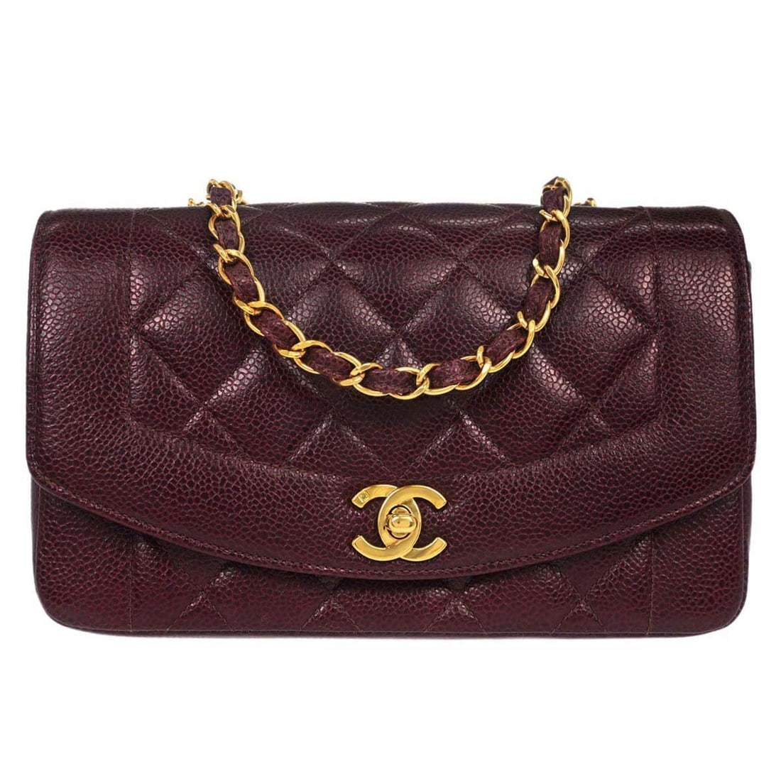 CHANEL Diana small calfskin matelasse shoulder bag: CHANEL Diana small calfskin matelasse shoulder bag This Chanel Diana shoulder bag is crafted from bordeaux calfskin leather with a classic matelasse quilted pattern. It features a flap turnlock closur