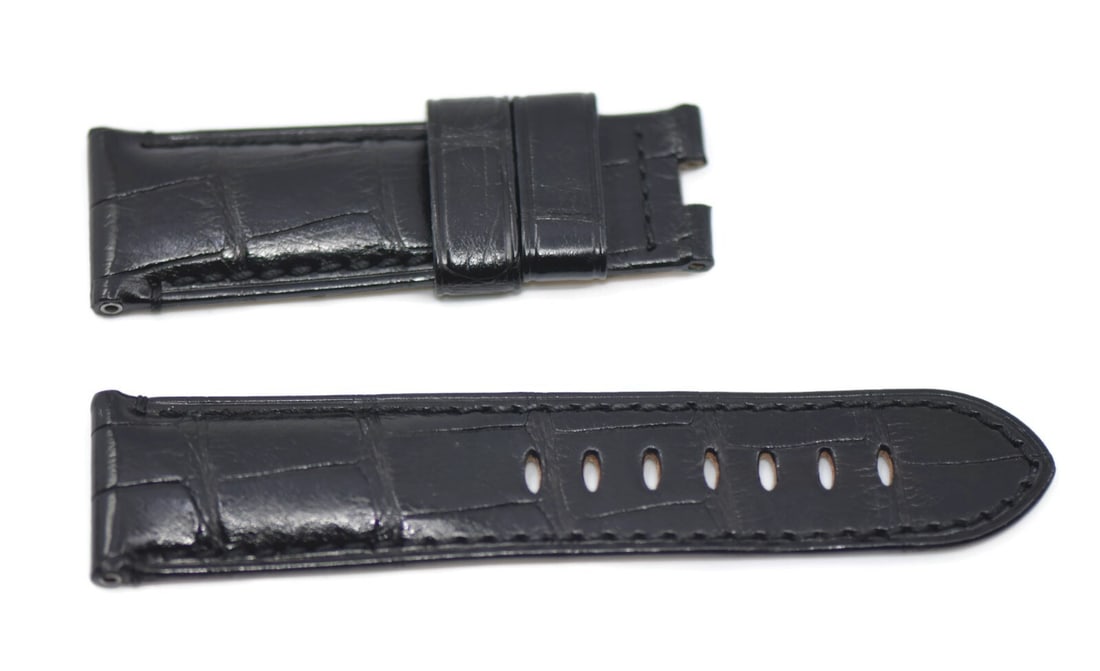 Panerai 24mm Authentic Black Leather Two-Piece Watch Strap: Panerai 24mm Authentic Black Leather Two-Piece Watch Strap This Panerai Black Leather Strap is a stylish and durable accessory designed for your wristwatch. Made from high-quality leather, this two-pi